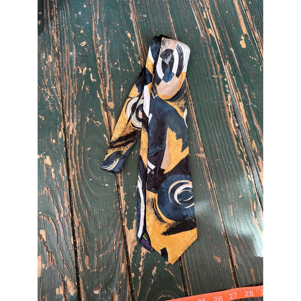 Gianni Mens Necktie Abstract Swirl Mustard Navy Blue USA Made Wide Tie